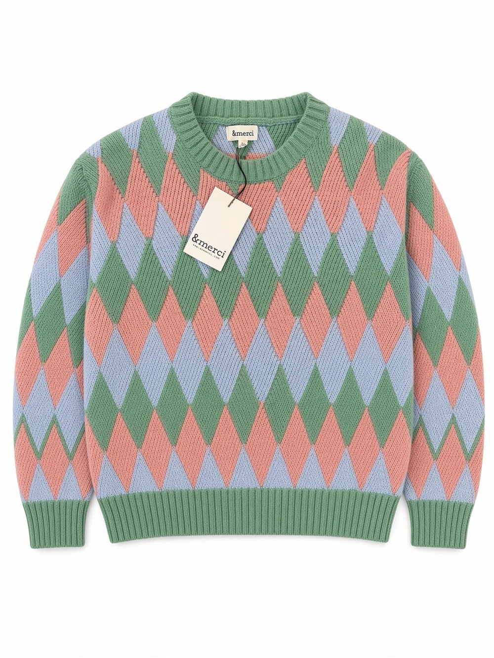 &merci Pastel Argyle Knit Crewneck Sweater NWT L